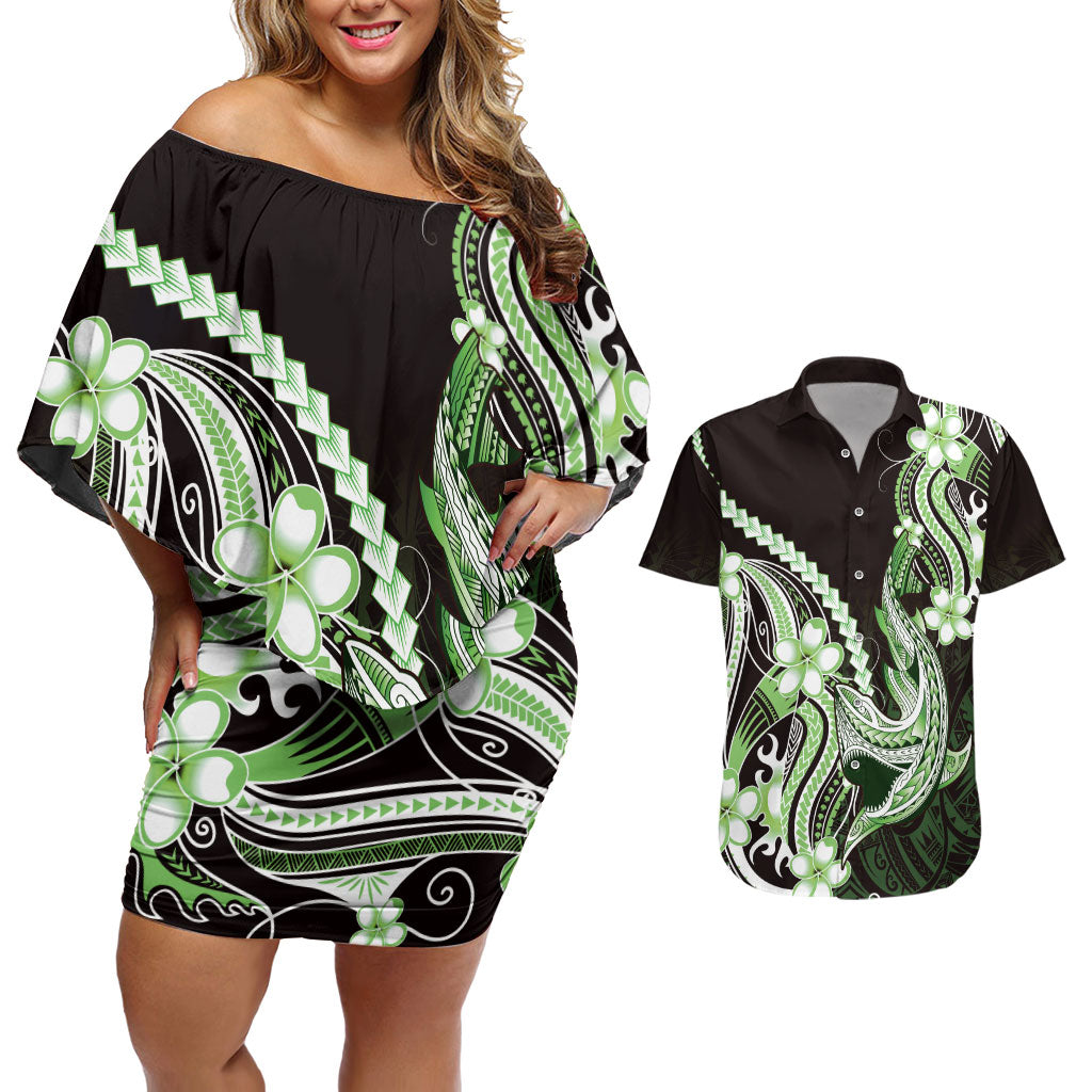 Green Black Aloha Hawaii Couples Matching Off Shoulder Short Dress and Hawaiian Shirt Polynesian Shark Tattoo Plumeria