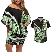 Green Black Aloha Hawaii Couples Matching Off Shoulder Short Dress and Hawaiian Shirt Polynesian Shark Tattoo Plumeria