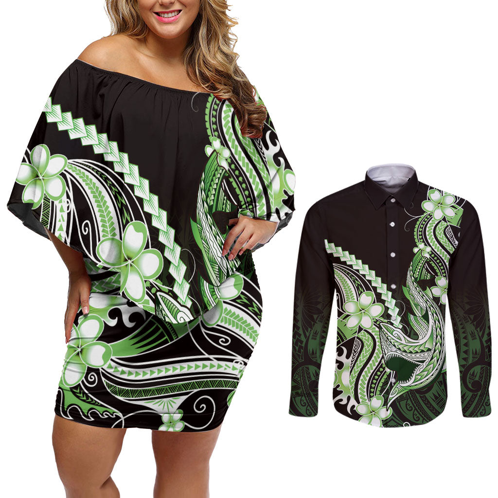 Green Black Aloha Hawaii Couples Matching Off Shoulder Short Dress and Long Sleeve Button Shirt Polynesian Shark Tattoo Plumeria