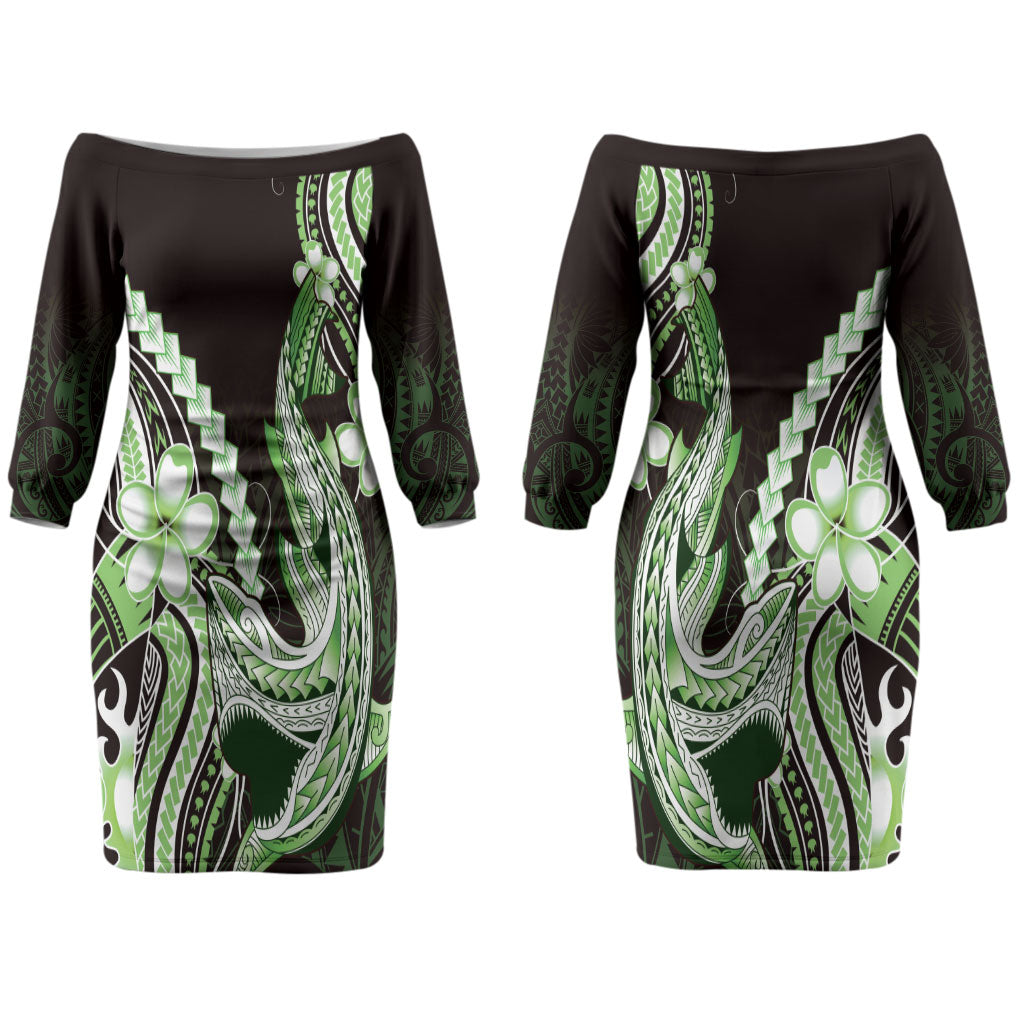 Green Black Aloha Hawaii Couples Matching Off The Shoulder Long Sleeve Dress and Hawaiian Shirt Polynesian Shark Tattoo Plumeria LT14