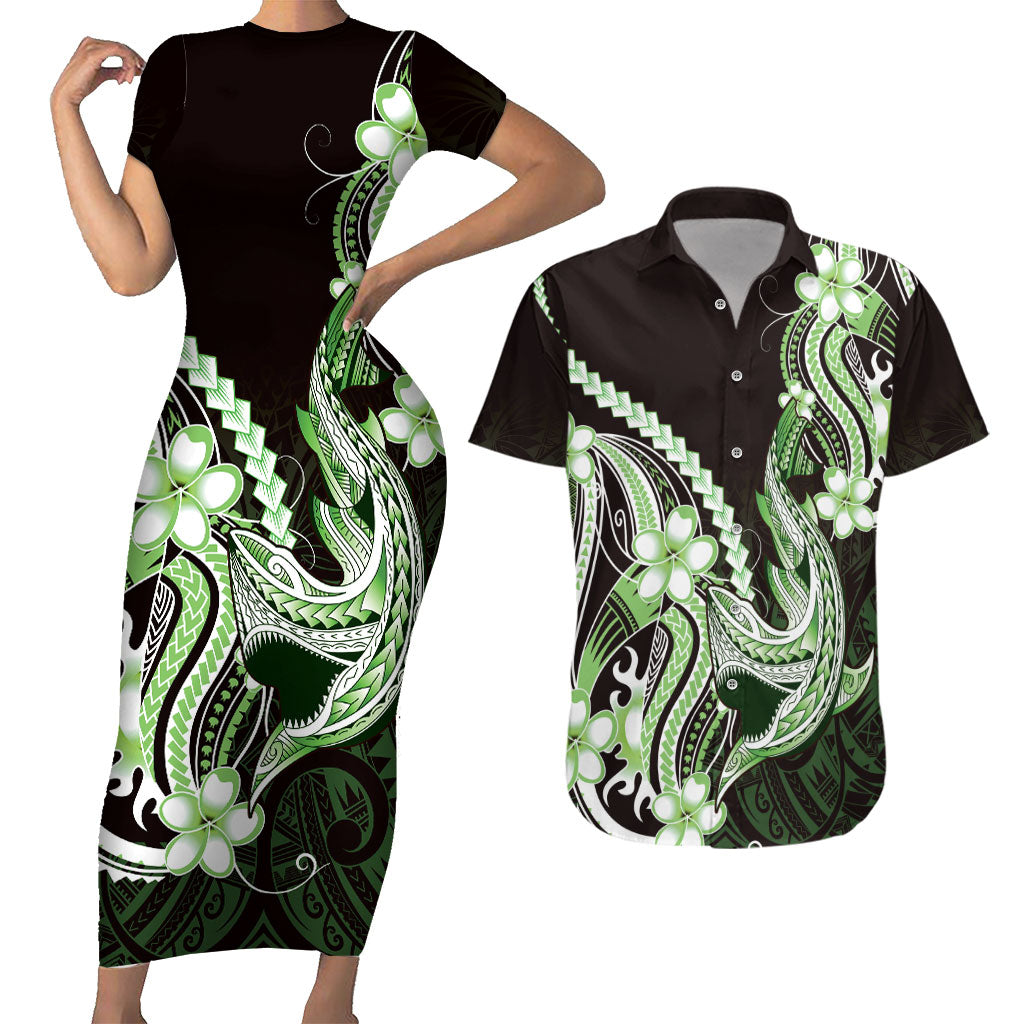 Green Black Aloha Hawaii Couples Matching Short Sleeve Bodycon Dress and Hawaiian Shirt Polynesian Shark Tattoo Plumeria