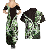 Green Black Aloha Hawaii Couples Matching Summer Maxi Dress and Hawaiian Shirt Polynesian Shark Tattoo Plumeria