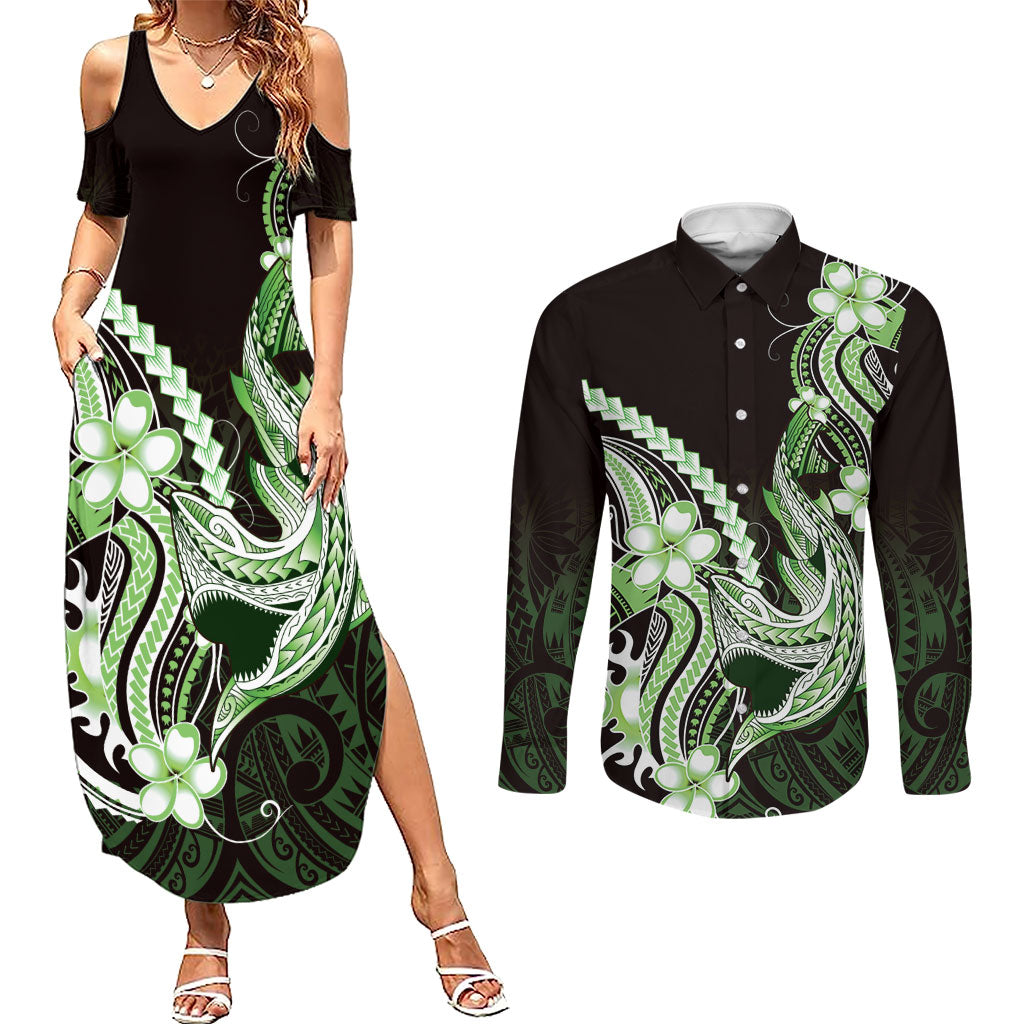 Green Black Aloha Hawaii Couples Matching Summer Maxi Dress and Long Sleeve Button Shirt Polynesian Shark Tattoo Plumeria LT14 Green - Polynesian Pride