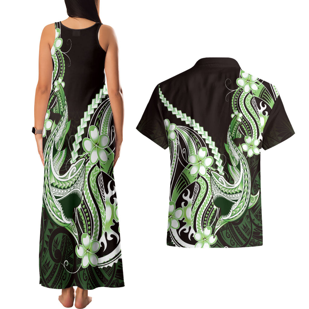 Green Black Aloha Hawaii Couples Matching Tank Maxi Dress and Hawaiian Shirt Polynesian Shark Tattoo Plumeria