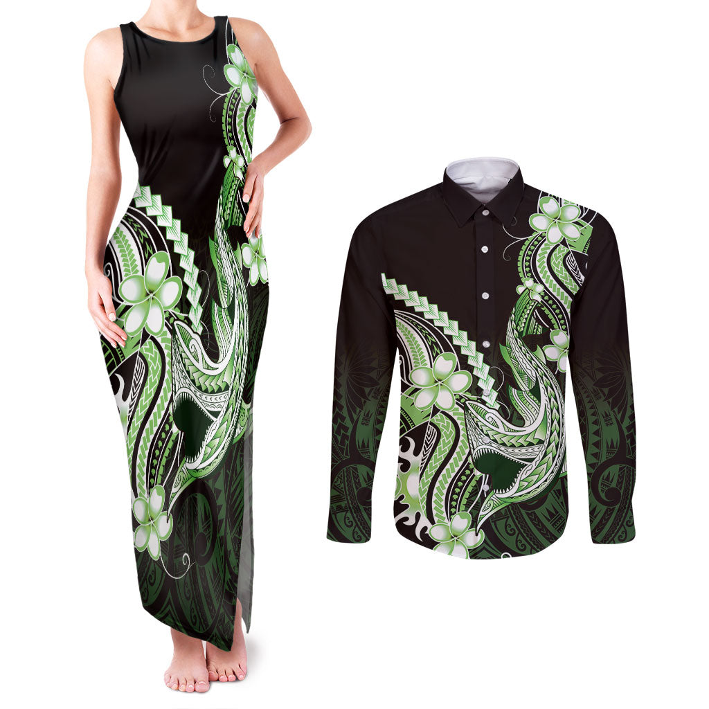 Green Black Aloha Hawaii Couples Matching Tank Maxi Dress and Long Sleeve Button Shirt Polynesian Shark Tattoo Plumeria LT14 Green - Polynesian Pride