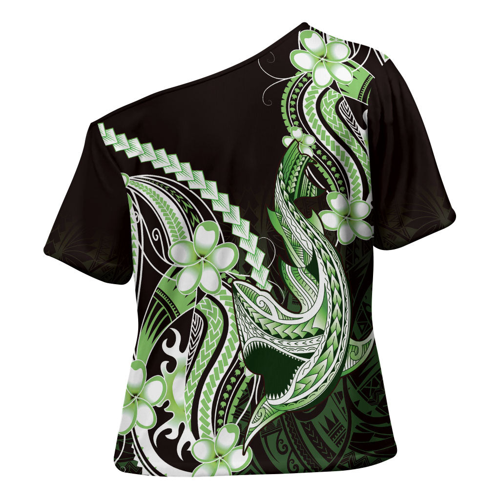 Green Black Aloha Hawaii Cross Shoulder Shirt Polynesian Shark Tattoo Plumeria