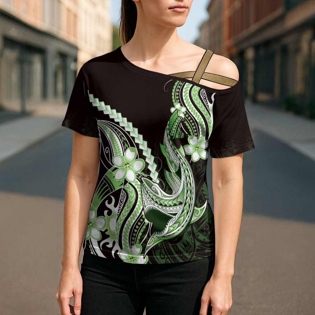 Green Black Aloha Hawaii Cross Shoulder Shirt Polynesian Shark Tattoo Plumeria