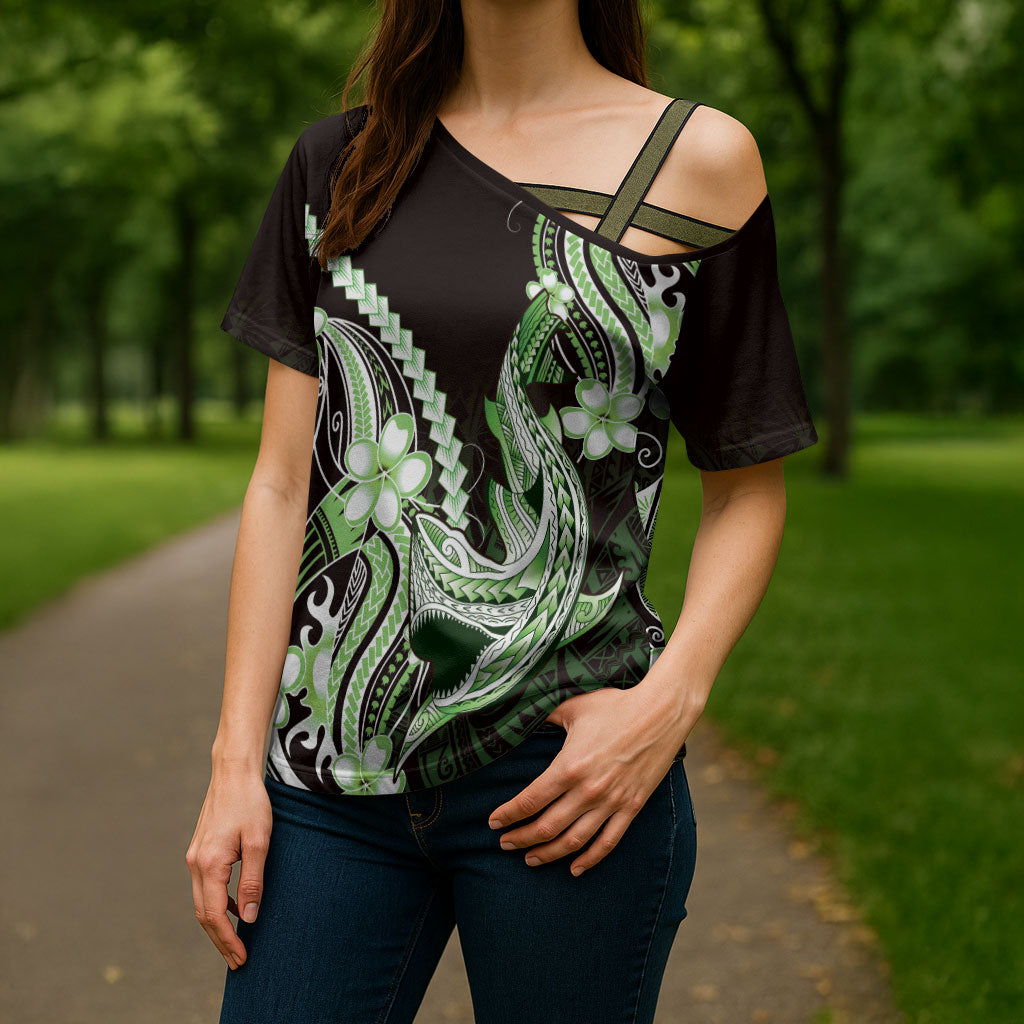 Green Black Aloha Hawaii Cross Shoulder Shirt Polynesian Shark Tattoo Plumeria