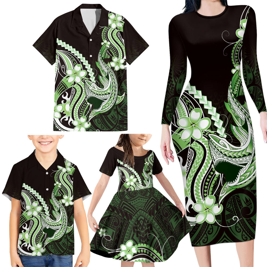 Green Black Aloha Hawaii Family Matching Long Sleeve Bodycon Dress and Hawaiian Shirt Polynesian Shark Tattoo Plumeria LT14 - Polynesian Pride