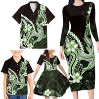 Green Black Aloha Hawaii Family Matching Long Sleeve Bodycon Dress and Hawaiian Shirt Polynesian Shark Tattoo Plumeria