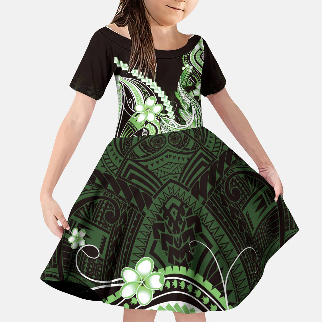 Green Black Aloha Hawaii Family Matching Mermaid Dress and Hawaiian Shirt Polynesian Shark Tattoo Plumeria
