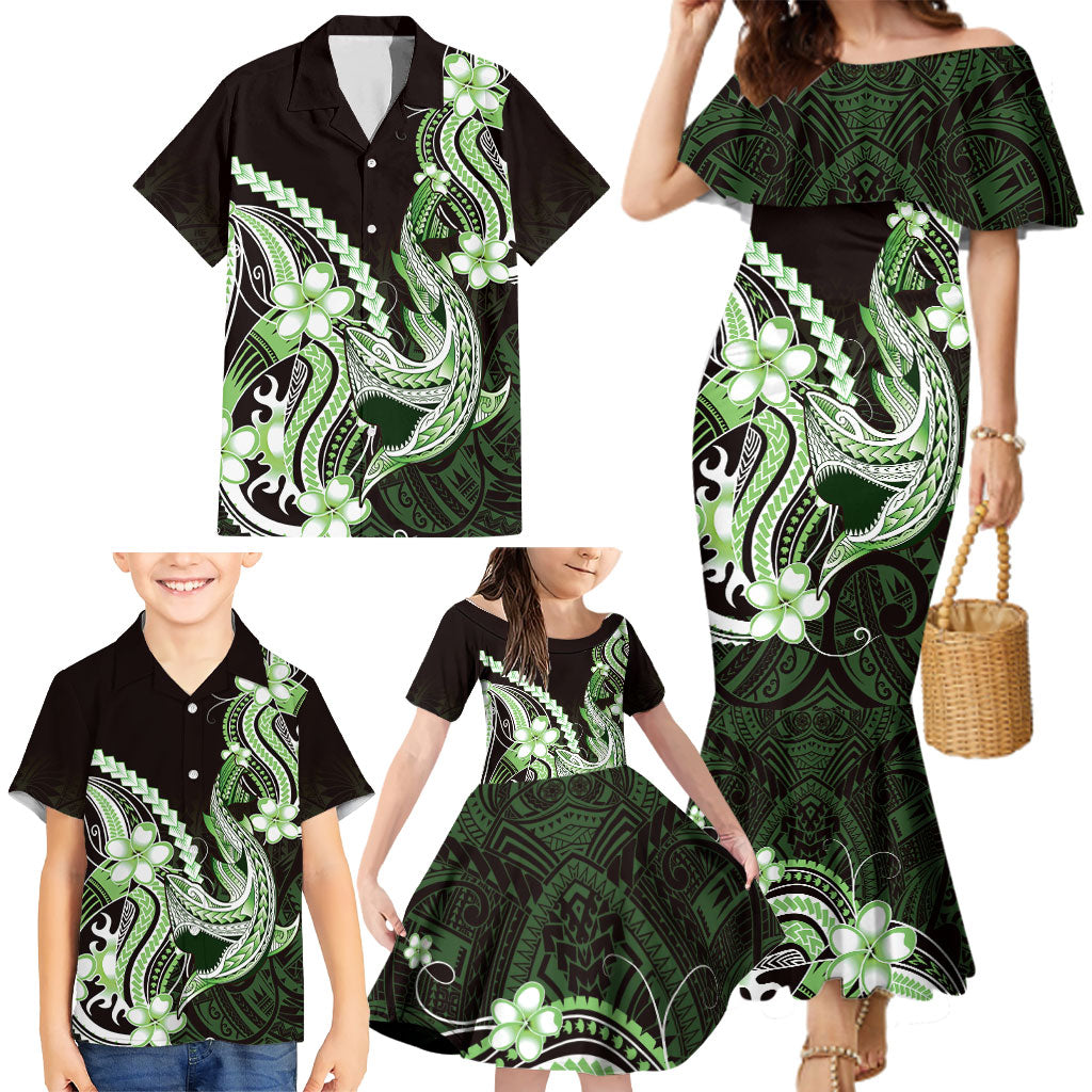 Green Black Aloha Hawaii Family Matching Mermaid Dress and Hawaiian Shirt Polynesian Shark Tattoo Plumeria LT14 - Polynesian Pride
