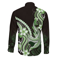Green Black Aloha Hawaii Family Matching Mermaid Dress and Hawaiian Shirt Polynesian Shark Tattoo Plumeria