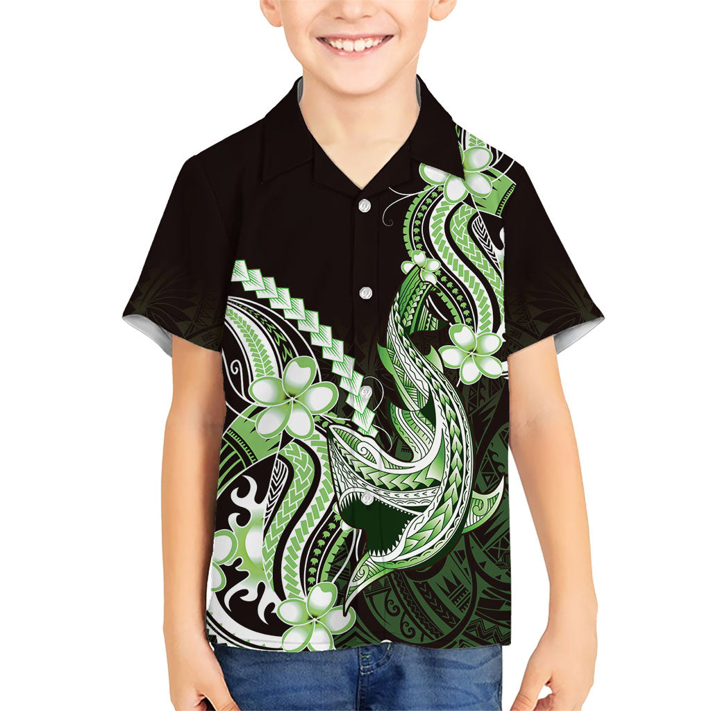 Green Black Aloha Hawaii Family Matching Mermaid Dress and Hawaiian Shirt Polynesian Shark Tattoo Plumeria