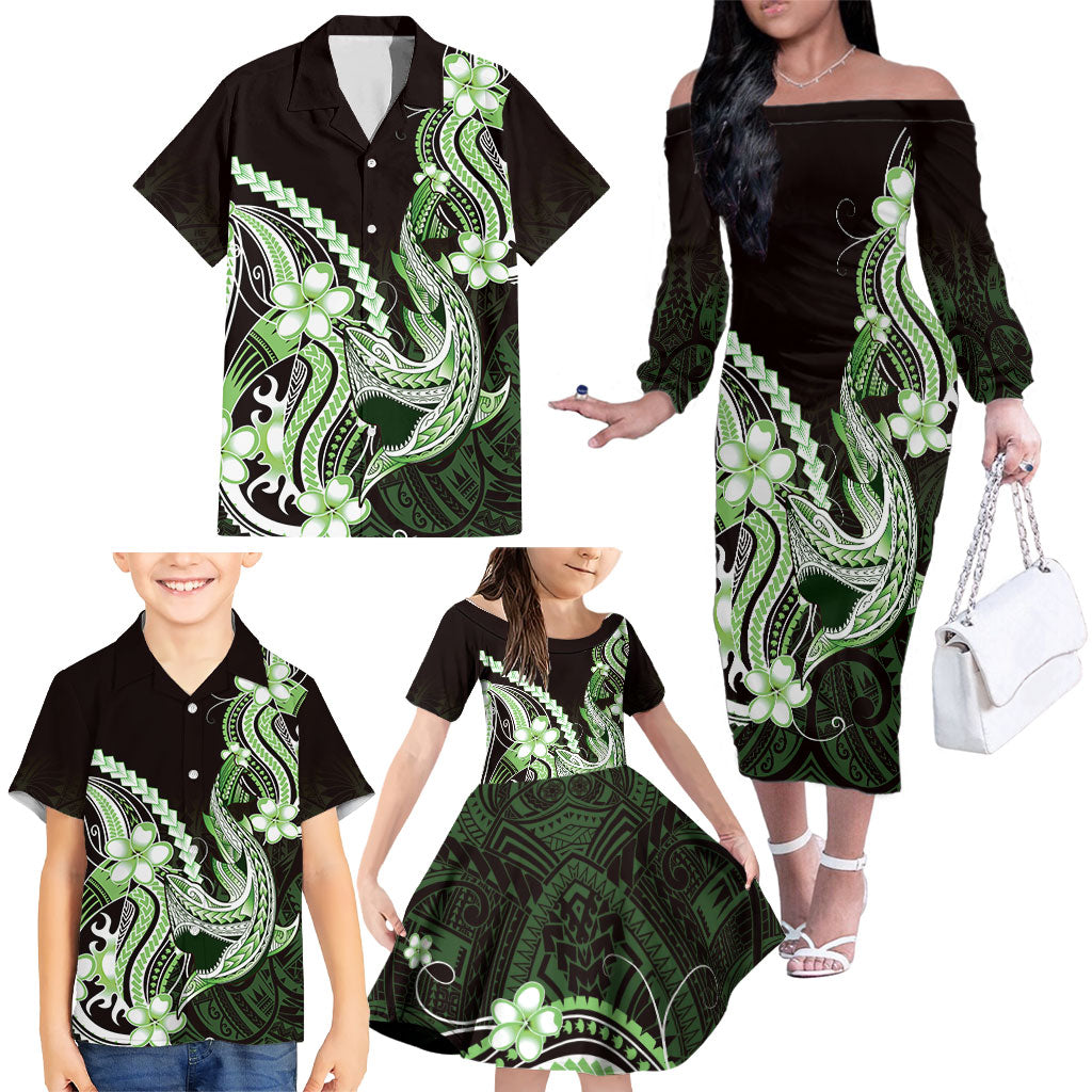 Green Black Aloha Hawaii Family Matching Off The Shoulder Long Sleeve Dress and Hawaiian Shirt Polynesian Shark Tattoo Plumeria