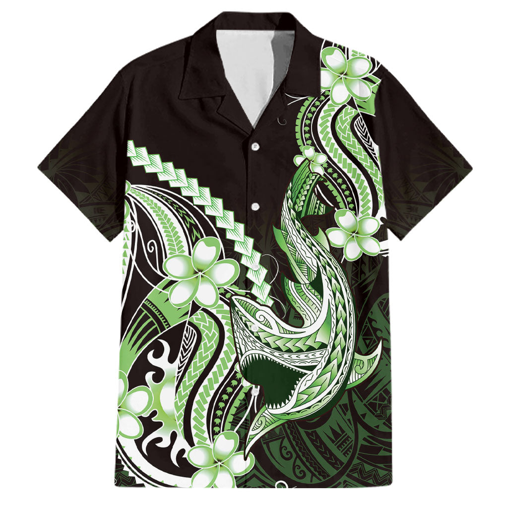 Green Black Aloha Hawaii Family Matching Off The Shoulder Long Sleeve Dress and Hawaiian Shirt Polynesian Shark Tattoo Plumeria