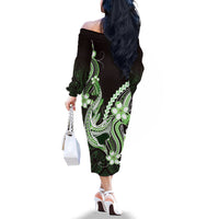 Green Black Aloha Hawaii Family Matching Off The Shoulder Long Sleeve Dress and Hawaiian Shirt Polynesian Shark Tattoo Plumeria