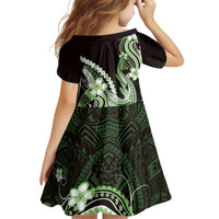Green Black Aloha Hawaii Family Matching Off Shoulder Maxi Dress and Hawaiian Shirt Polynesian Shark Tattoo Plumeria