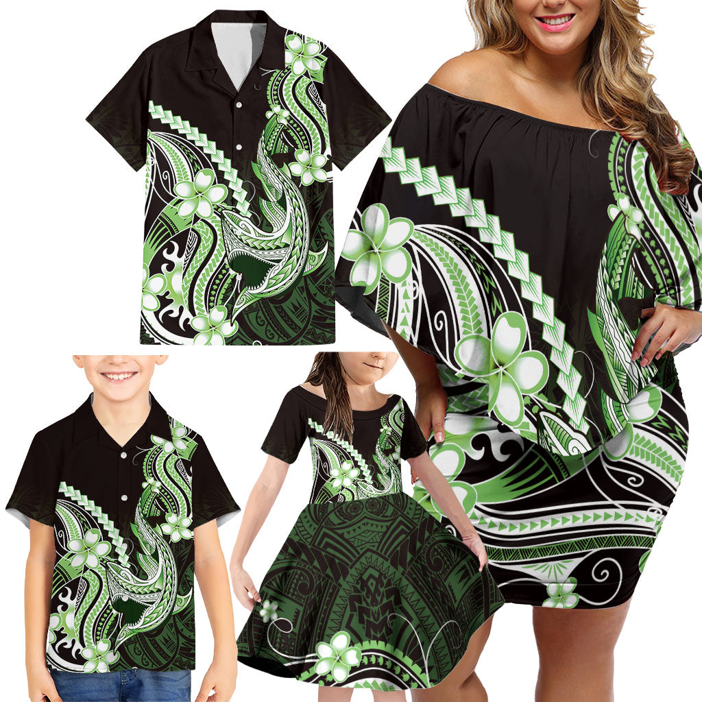 Green Black Aloha Hawaii Family Matching Off Shoulder Short Dress and Hawaiian Shirt Polynesian Shark Tattoo Plumeria