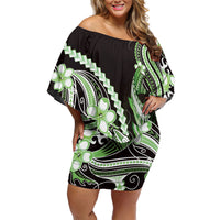 Green Black Aloha Hawaii Family Matching Off Shoulder Short Dress and Hawaiian Shirt Polynesian Shark Tattoo Plumeria
