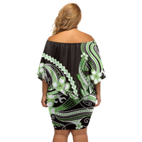 Green Black Aloha Hawaii Family Matching Off Shoulder Short Dress and Hawaiian Shirt Polynesian Shark Tattoo Plumeria