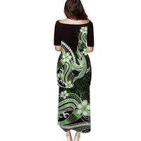 Green Black Aloha Hawaii Family Matching Puletasi and Hawaiian Shirt Polynesian Shark Tattoo Plumeria
