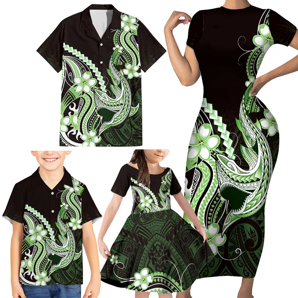 Green Black Aloha Hawaii Family Matching Short Sleeve Bodycon Dress and Hawaiian Shirt Polynesian Shark Tattoo Plumeria