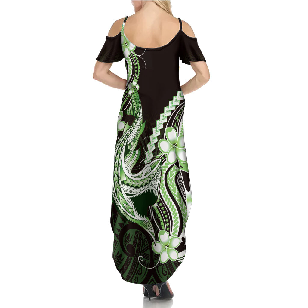 Green Black Aloha Hawaii Family Matching Summer Maxi Dress and Hawaiian Shirt Polynesian Shark Tattoo Plumeria