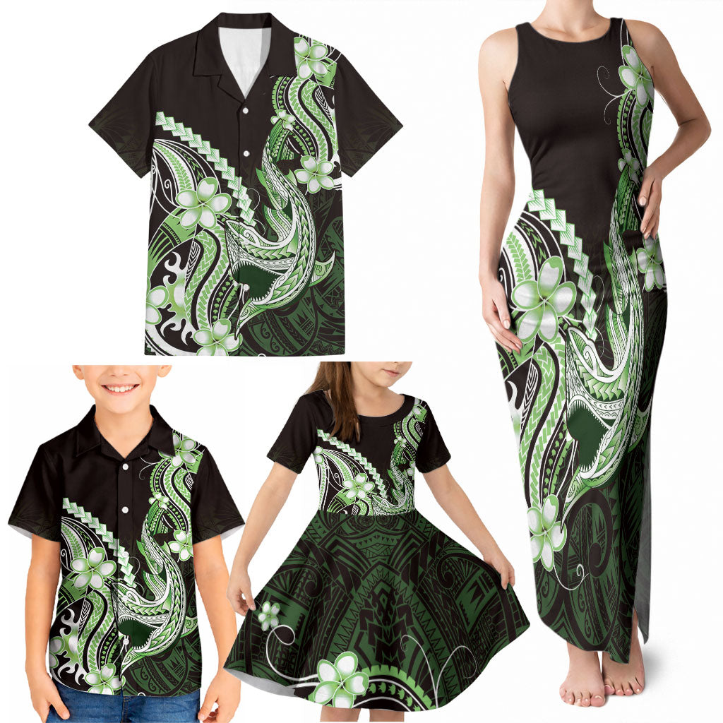 Green Black Aloha Hawaii Family Matching Tank Maxi Dress and Hawaiian Shirt Polynesian Shark Tattoo Plumeria LT14 - Polynesian Pride