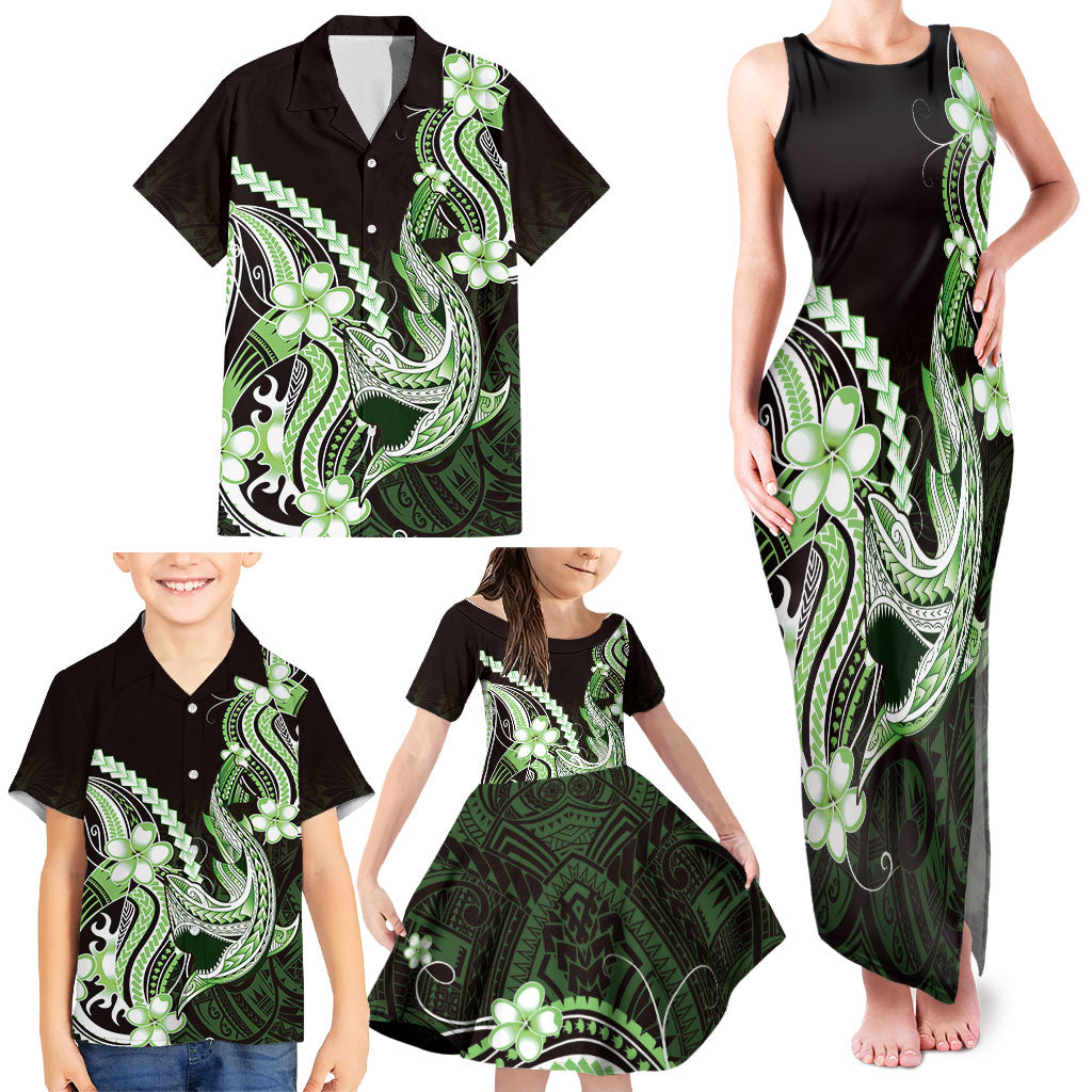 Green Black Aloha Hawaii Family Matching Tank Maxi Dress and Hawaiian Shirt Polynesian Shark Tattoo Plumeria LT14 - Polynesian Pride