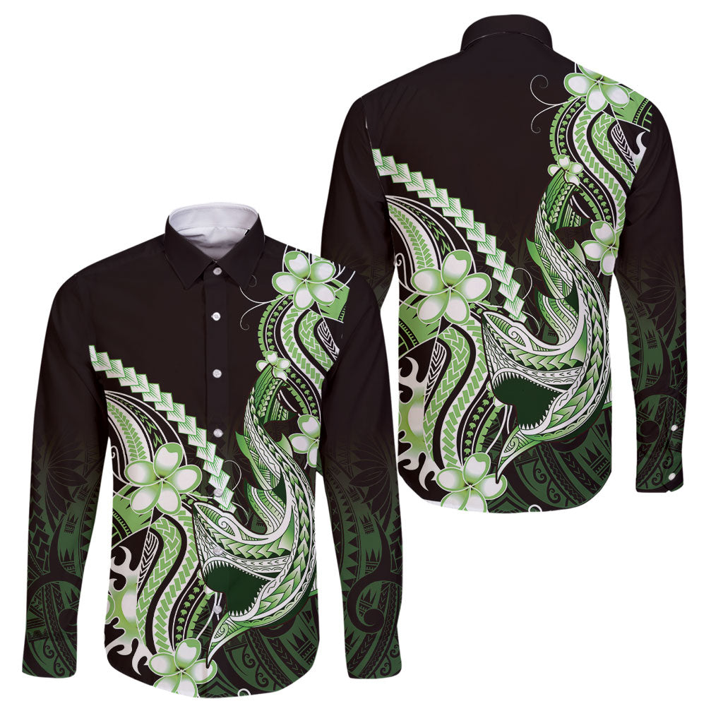 Green Black Aloha Hawaii Family Matching Tank Maxi Dress and Hawaiian Shirt Polynesian Shark Tattoo Plumeria LT14 Dad's Shirt - Long Sleeve Green - Polynesian Pride