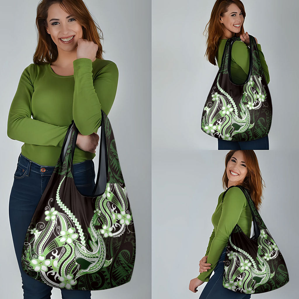 Green Black Aloha Hawaii Grocery Bag Polynesian Shark Tattoo Plumeria
