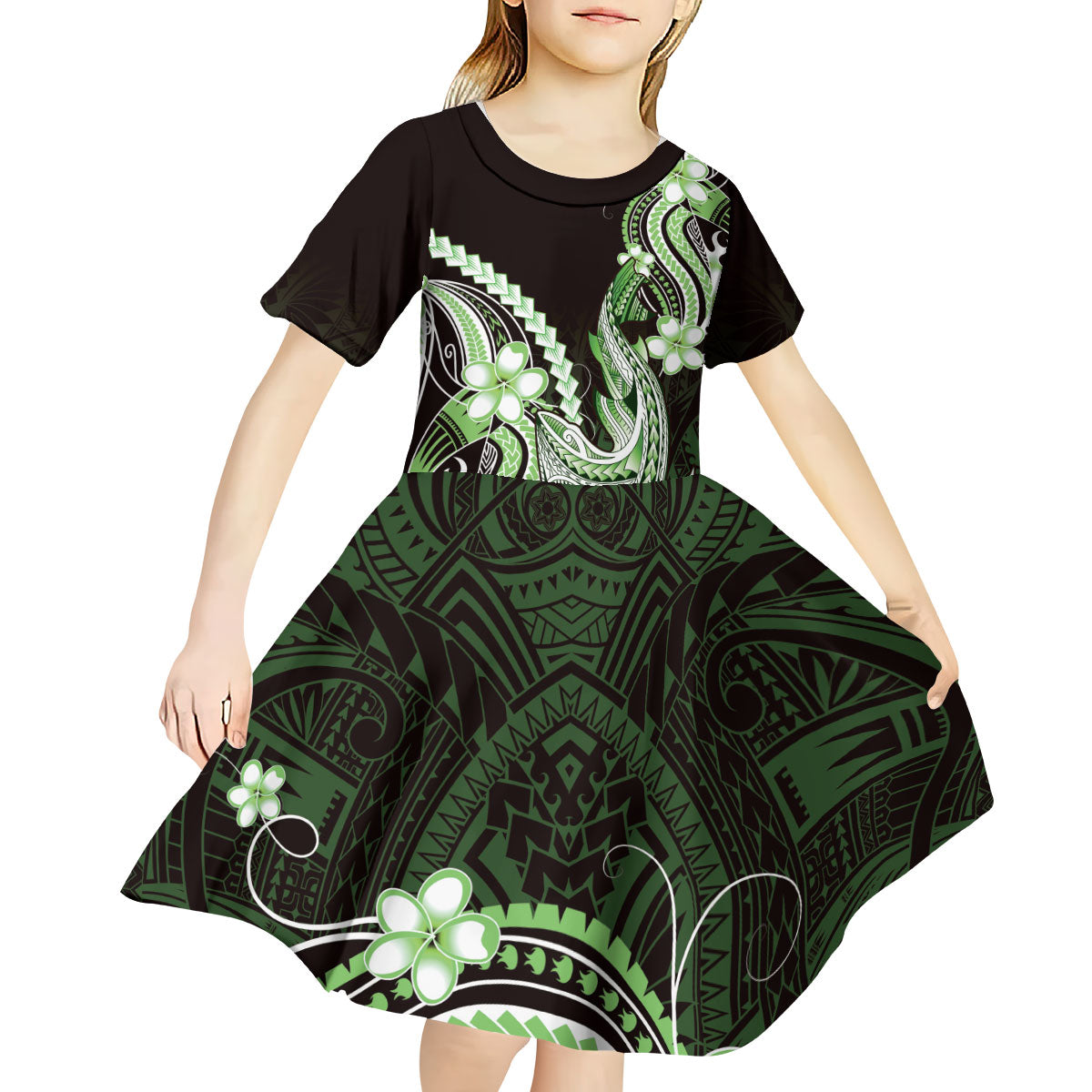 Green Black Aloha Hawaii Kid Short Sleeve Dress Polynesian Shark Tattoo Plumeria