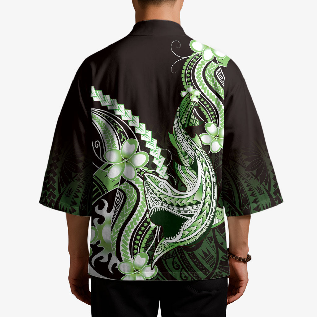 Green Black Aloha Hawaii Kimono Polynesian Shark Tattoo Plumeria
