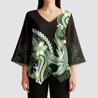 Green Black Aloha Hawaii Kimono Sleeve Blouse Polynesian Shark Tattoo Plumeria