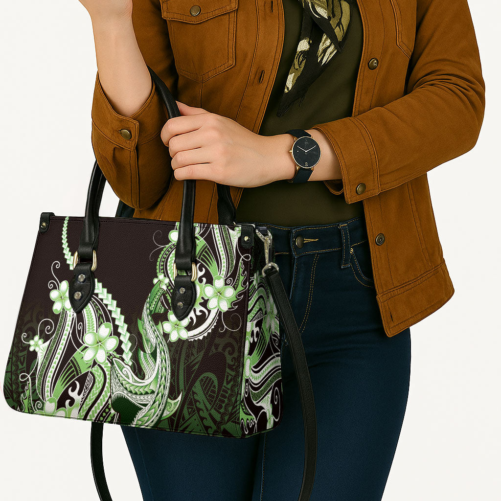 Green Black Aloha Hawaii Leather Bag Polynesian Shark Tattoo Plumeria