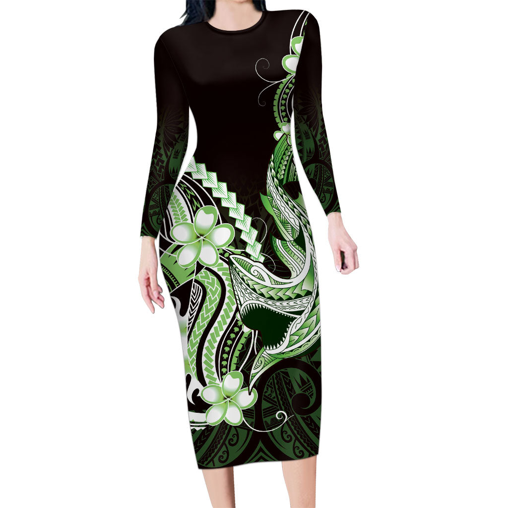 Green Black Aloha Hawaii Long Sleeve Bodycon Dress Polynesian Shark Tattoo Plumeria