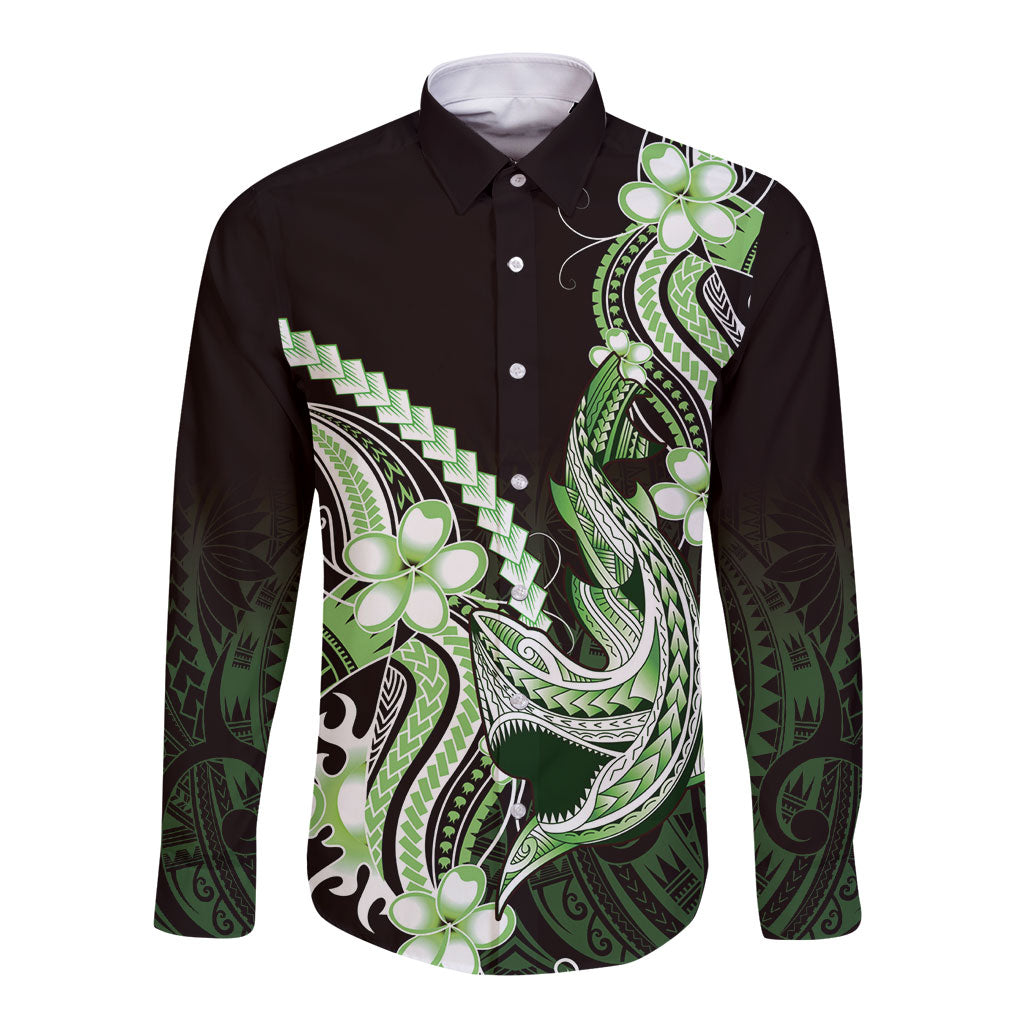 Green Black Aloha Hawaii Long Sleeve Button Shirt Polynesian Shark Tattoo Plumeria