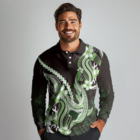 Green Black Aloha Hawaii Long Sleeve Polo Shirt Polynesian Shark Tattoo Plumeria