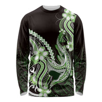 Green Black Aloha Hawaii Long Sleeve Shirt Polynesian Shark Tattoo Plumeria