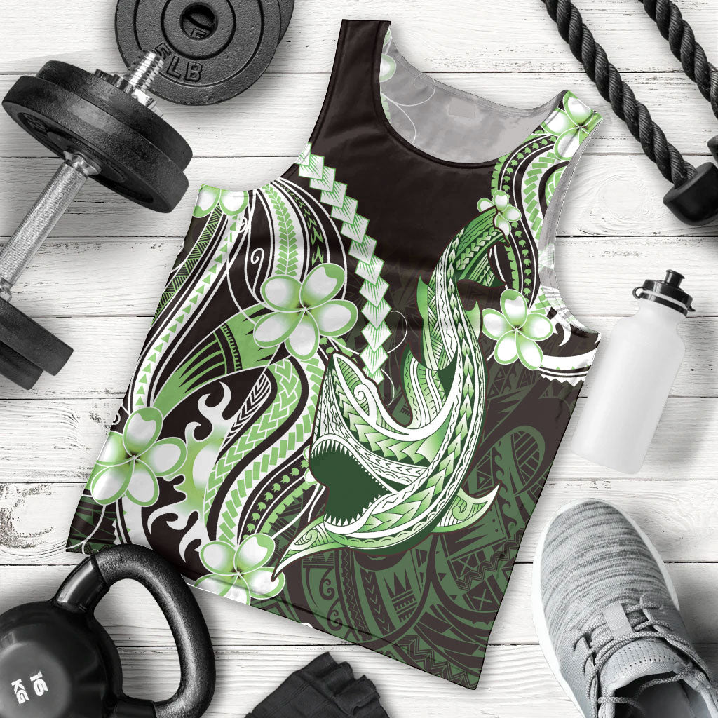 Green Black Aloha Hawaii Men Tank Top Polynesian Shark Tattoo Plumeria