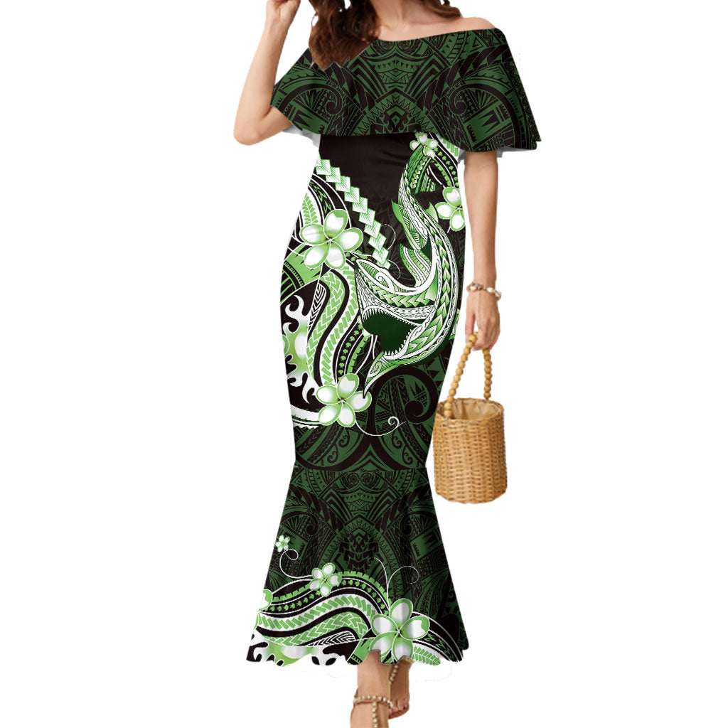 Green Black Aloha Hawaii Mermaid Dress Polynesian Shark Tattoo Plumeria LT14 Women Green - Polynesian Pride