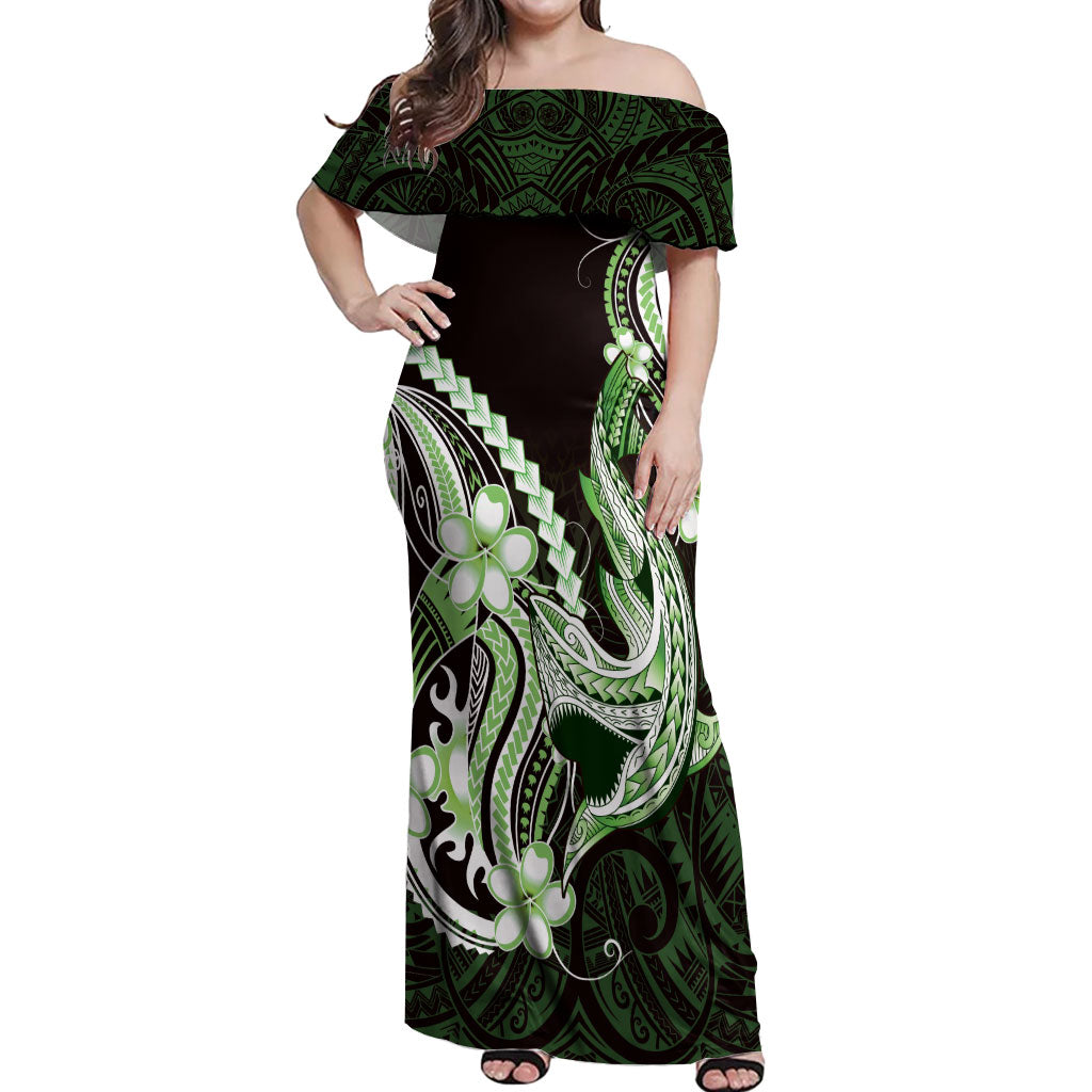 Green Black Aloha Hawaii Off Shoulder Maxi Dress Polynesian Shark Tattoo Plumeria