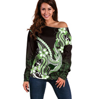 Green Black Aloha Hawaii Off Shoulder Sweater Polynesian Shark Tattoo Plumeria