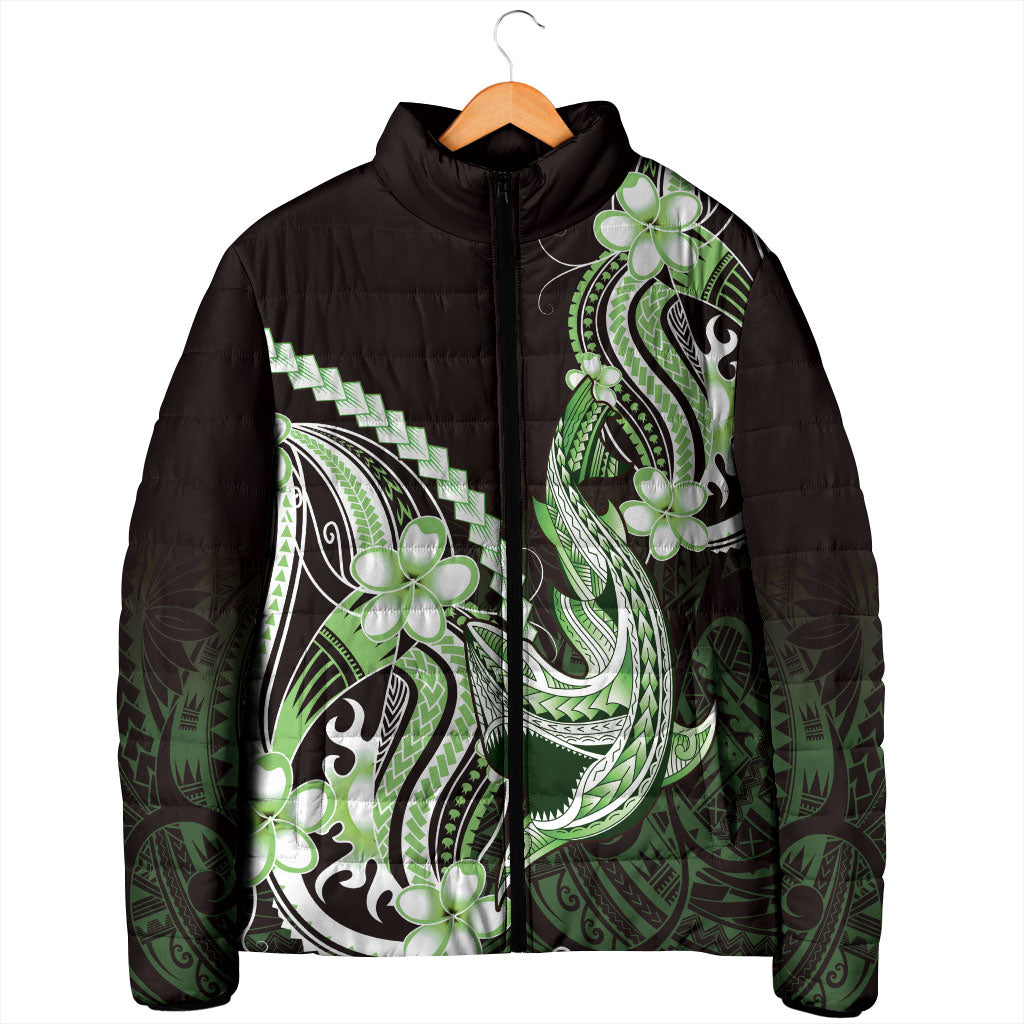Green Black Aloha Hawaii Padded Jacket Polynesian Shark Tattoo Plumeria