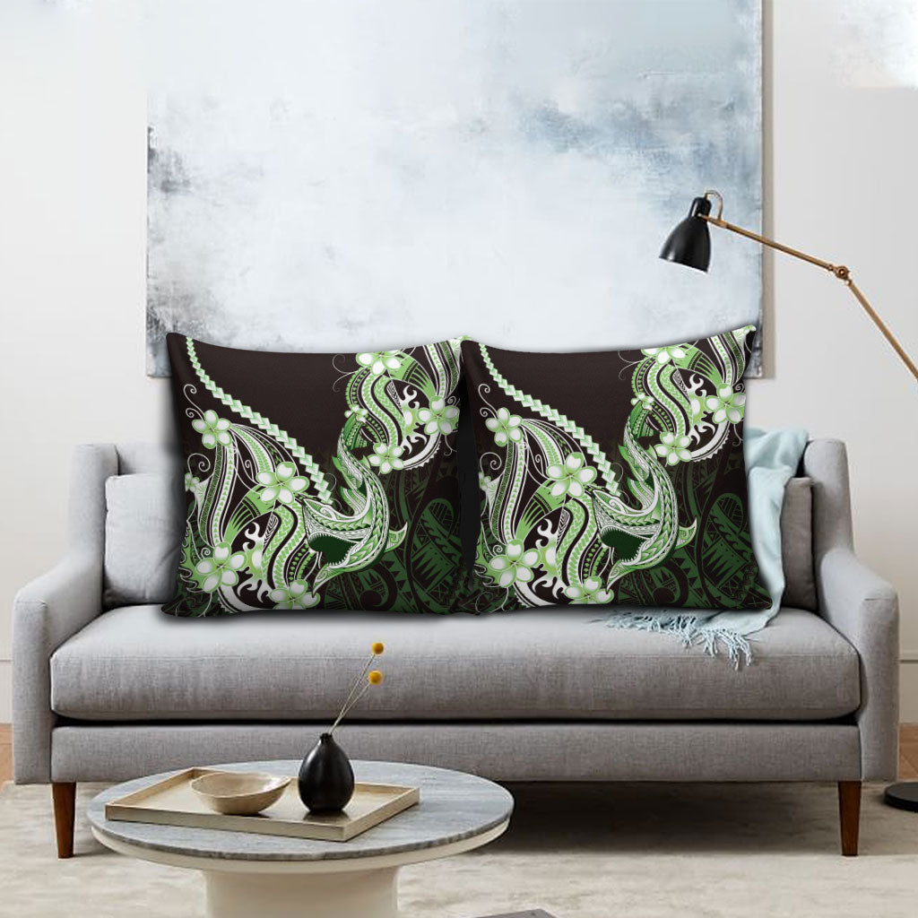 Green Black Aloha Hawaii Pillow Cover Polynesian Shark Tattoo Plumeria