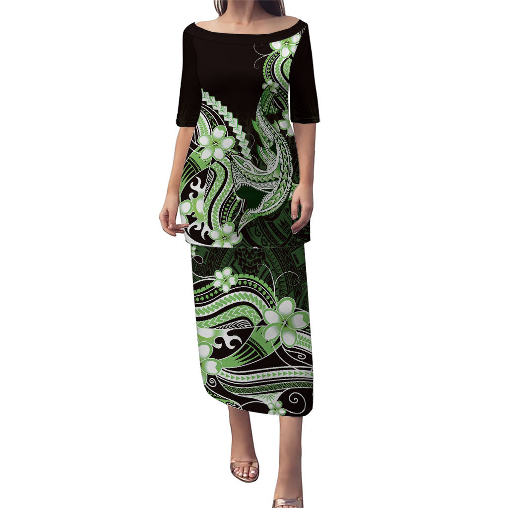 Green Black Aloha Hawaii Puletasi Polynesian Shark Tattoo Plumeria LT14 Long Dress Green - Polynesian Pride