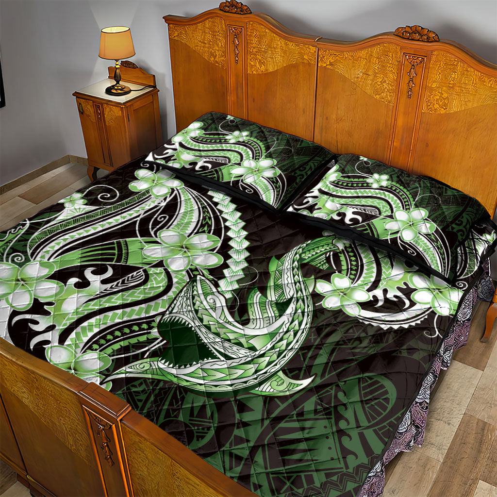 Green Black Aloha Hawaii Quilt Bed Set Polynesian Shark Tattoo Plumeria
