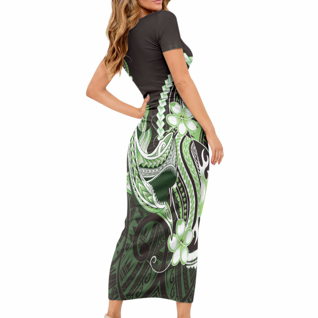 Green Black Aloha Hawaii Short Sleeve Bodycon Dress Polynesian Shark Tattoo Plumeria LT14 - Polynesian Pride