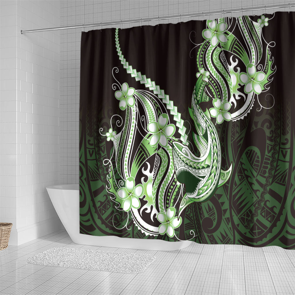 Green Black Aloha Hawaii Shower Curtain Polynesian Shark Tattoo Plumeria